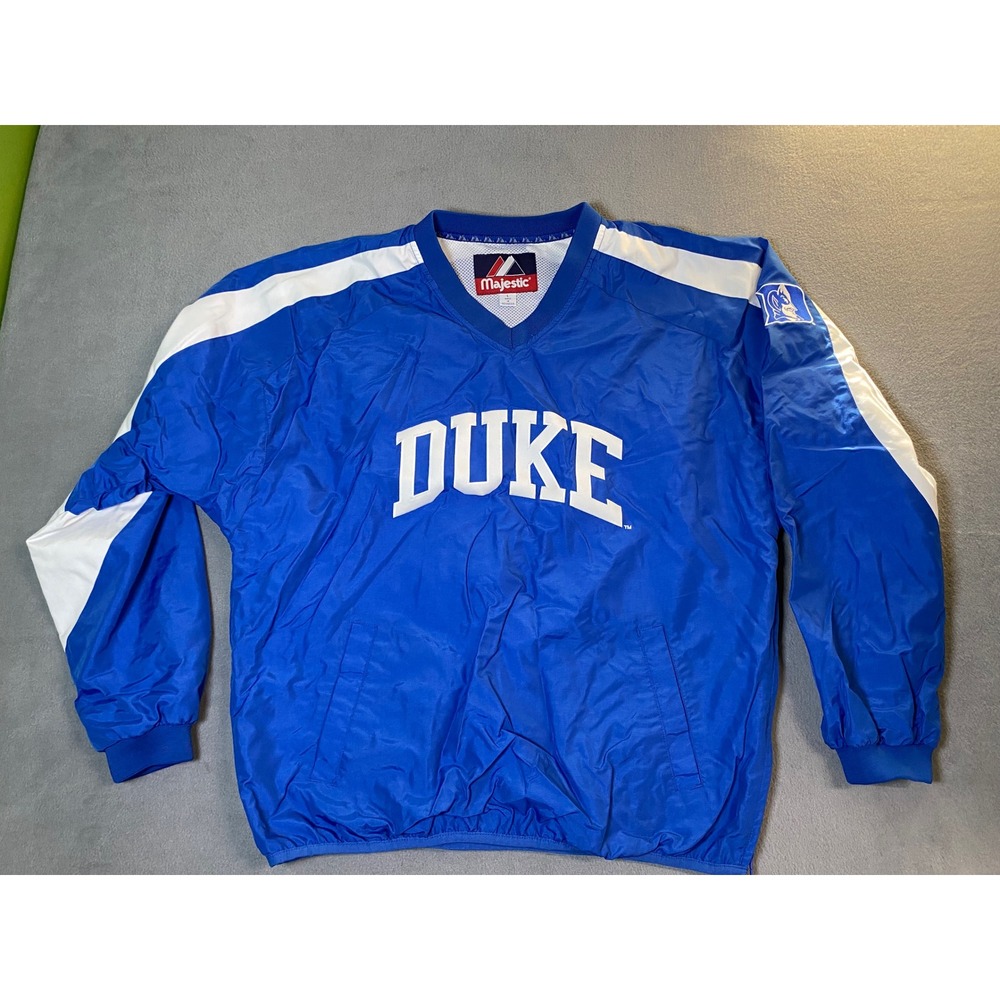 Majestic Duke Blue Devils Mens Large Blue V-Neck Windbreaker Pullover Side Zip